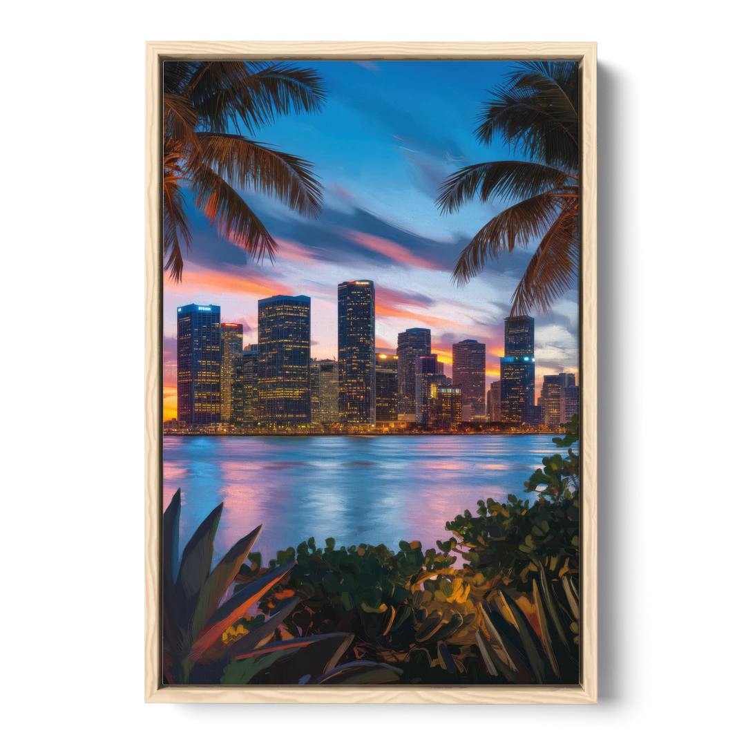 Miami Waterfront Skyline - Oak Framed Canvas Wall Art - Front