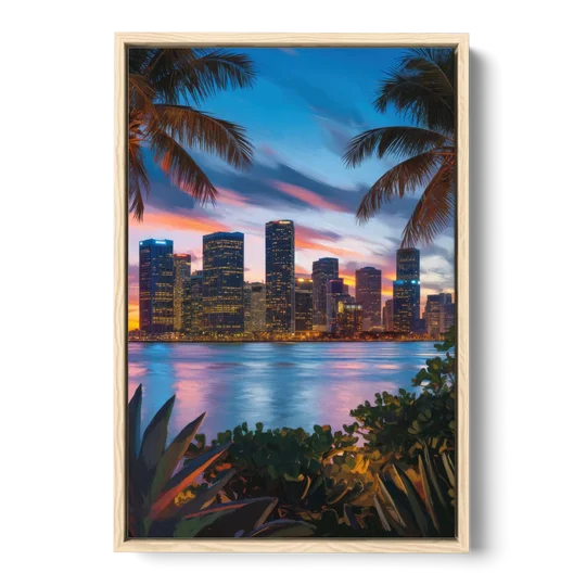 Miami Waterfront Skyline - Oak Framed Canvas Wall Art - Front