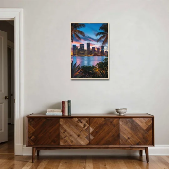 Miami Waterfront Skyline - Oak Framed Canvas Wall Art - Coffee Table - 24x36