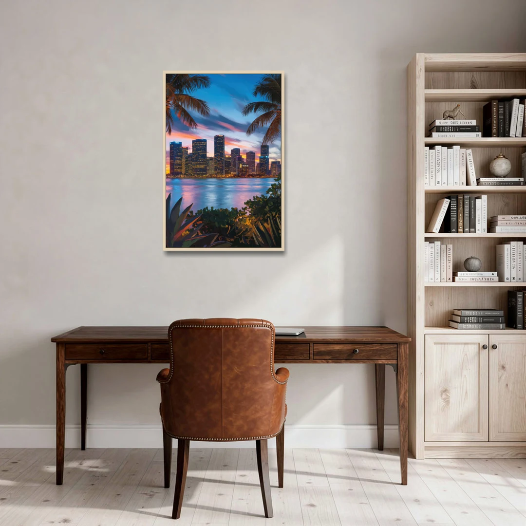 Miami Waterfront Skyline - Oak Framed Canvas Wall Art - Office - 24x36