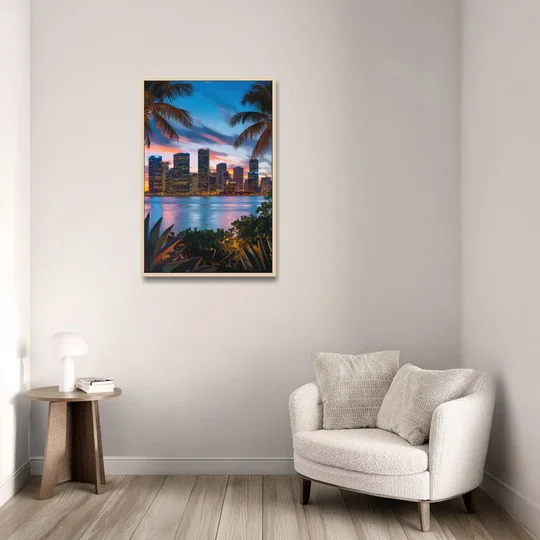Miami Waterfront Skyline - Oak Framed Canvas Wall Art - Sofa - 24x36