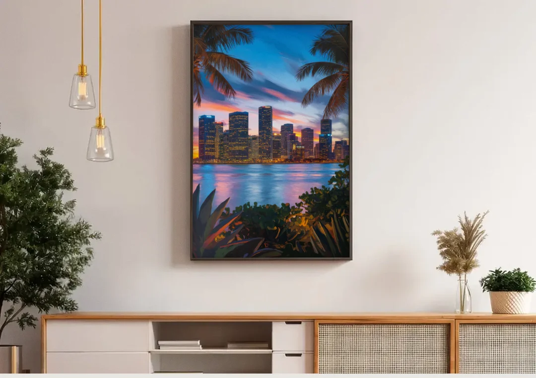 Miami Waterfront Skyline canvas wall art above a wooden sideboard under pendant lights