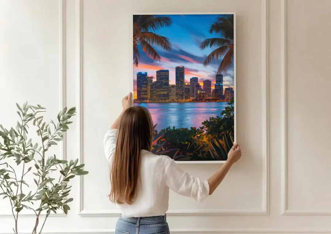 Miami Waterfront Skyline canvas wall art being hung on a paneled wall