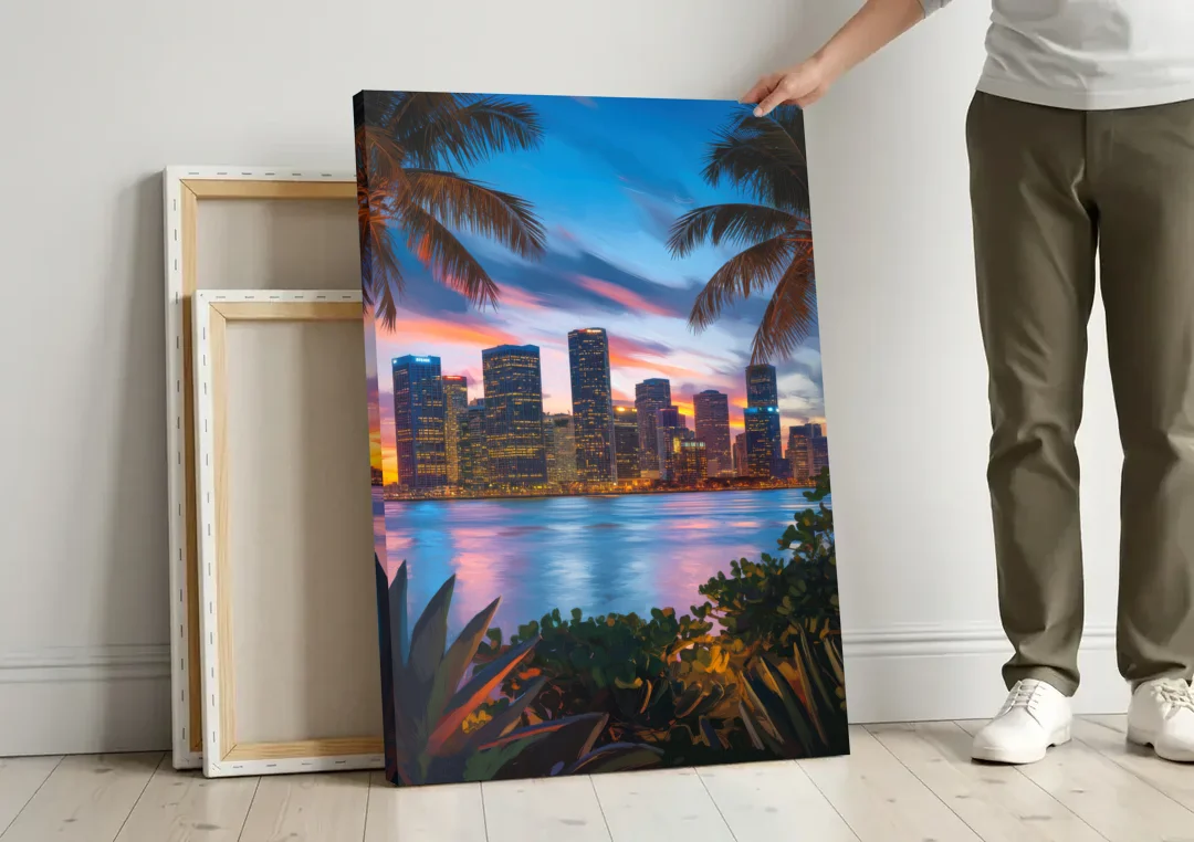 Miami Waterfront Skyline canvas wall art leaning against a wall next to blank canvases