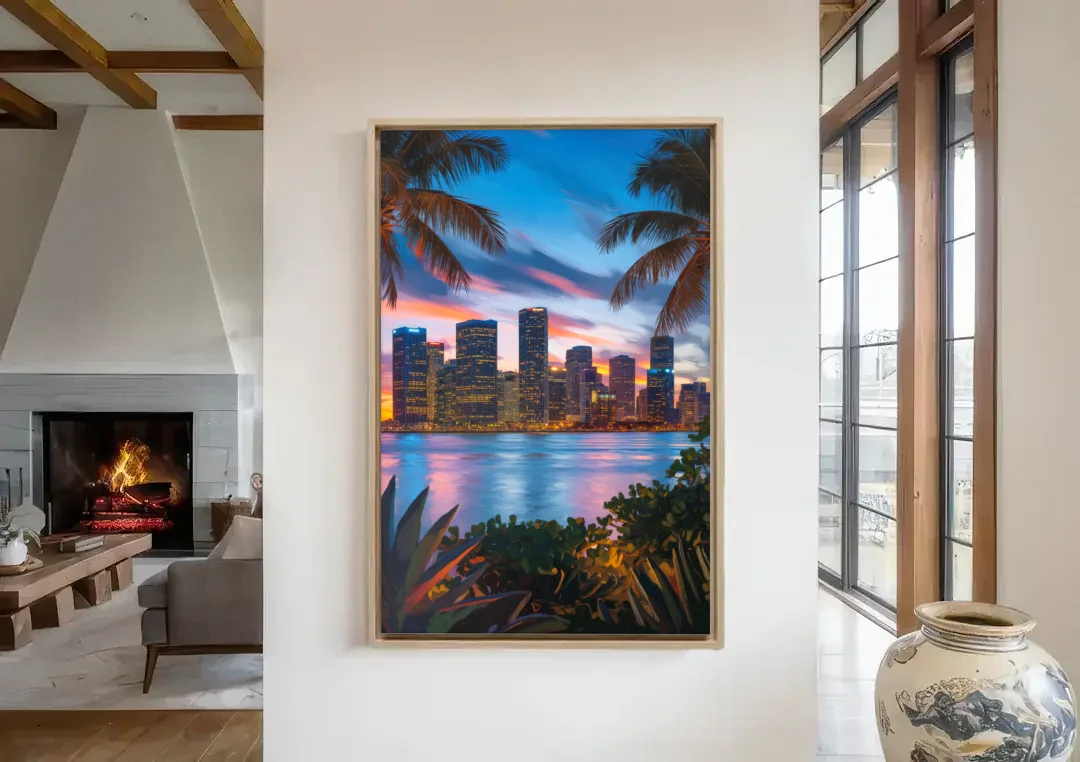 Miami Waterfront Skyline canvas wall art in a living room with a fireplace