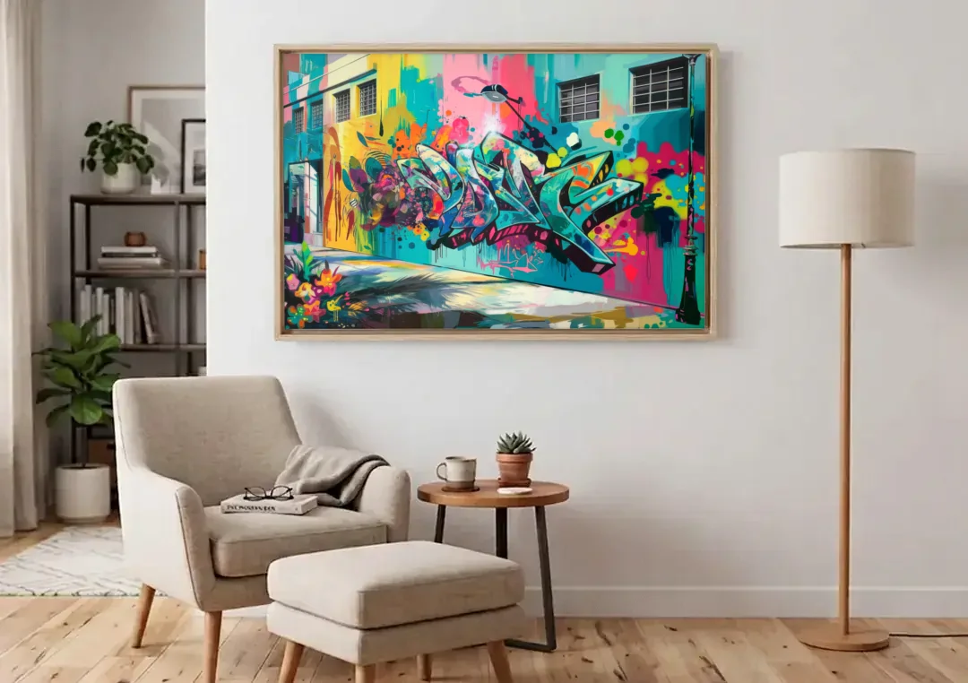Miami Wynwood Murals canvas wall art above an armchair in a bright living room