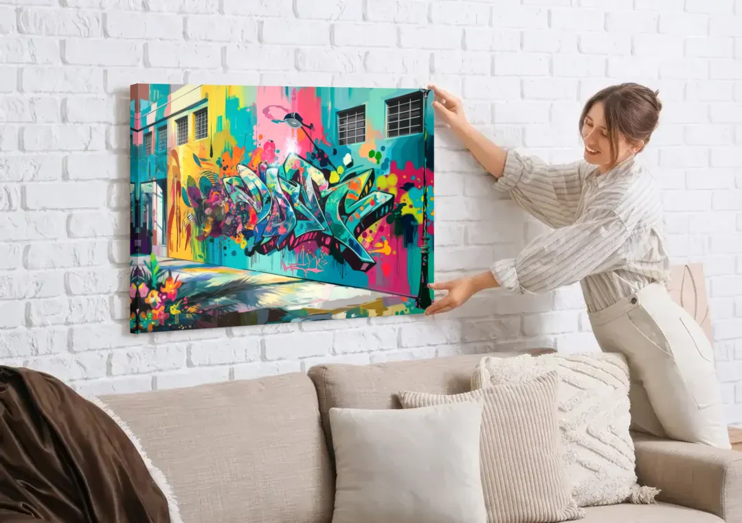 Miami Wynwood Murals canvas wall art being hung on a white brick wall above a sofa