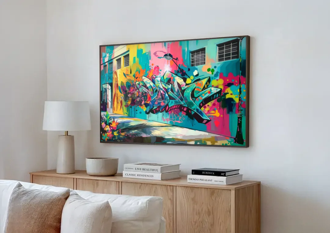 Miami Wynwood Murals canvas wall art above a wooden sideboard next to a sofa