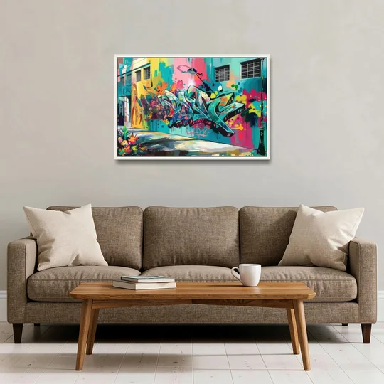 Miami Wynwood Murals - White Framed Canvas Wall Art - Sofa - 36x24