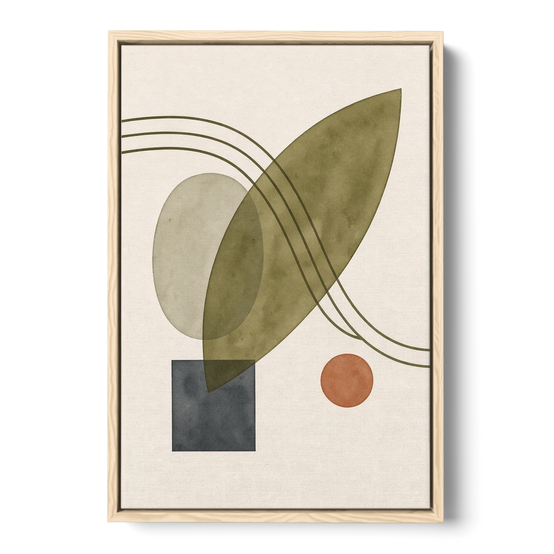 Mid Century Abstract Art with Leaning Olive Leaf - Oak Framed Canvas Wall Art - Front
