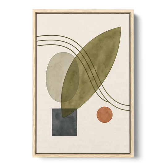 Mid Century Abstract Art with Leaning Olive Leaf - Oak Framed Canvas Wall Art - Front