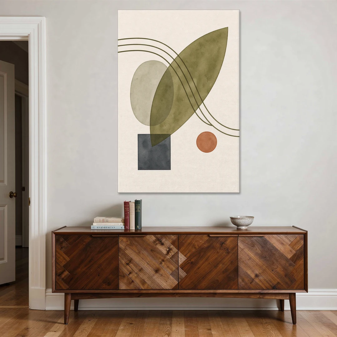 Mid Century Abstract Art with Leaning Olive Leaf - Canvas Wall Art - Coffee Table - 40x60