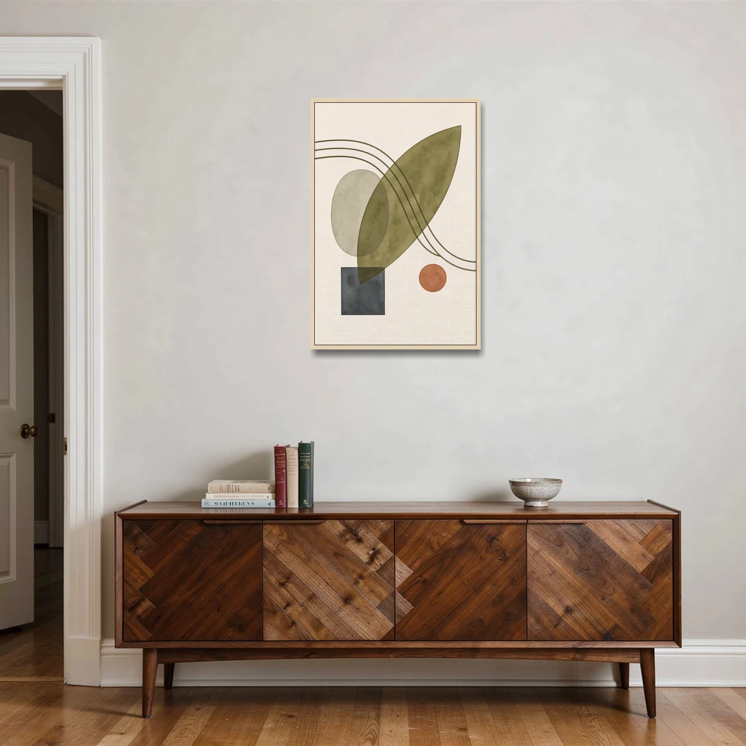 Mid Century Abstract Art with Leaning Olive Leaf - Oak Framed Canvas Wall Art - Coffee Table - 24x36