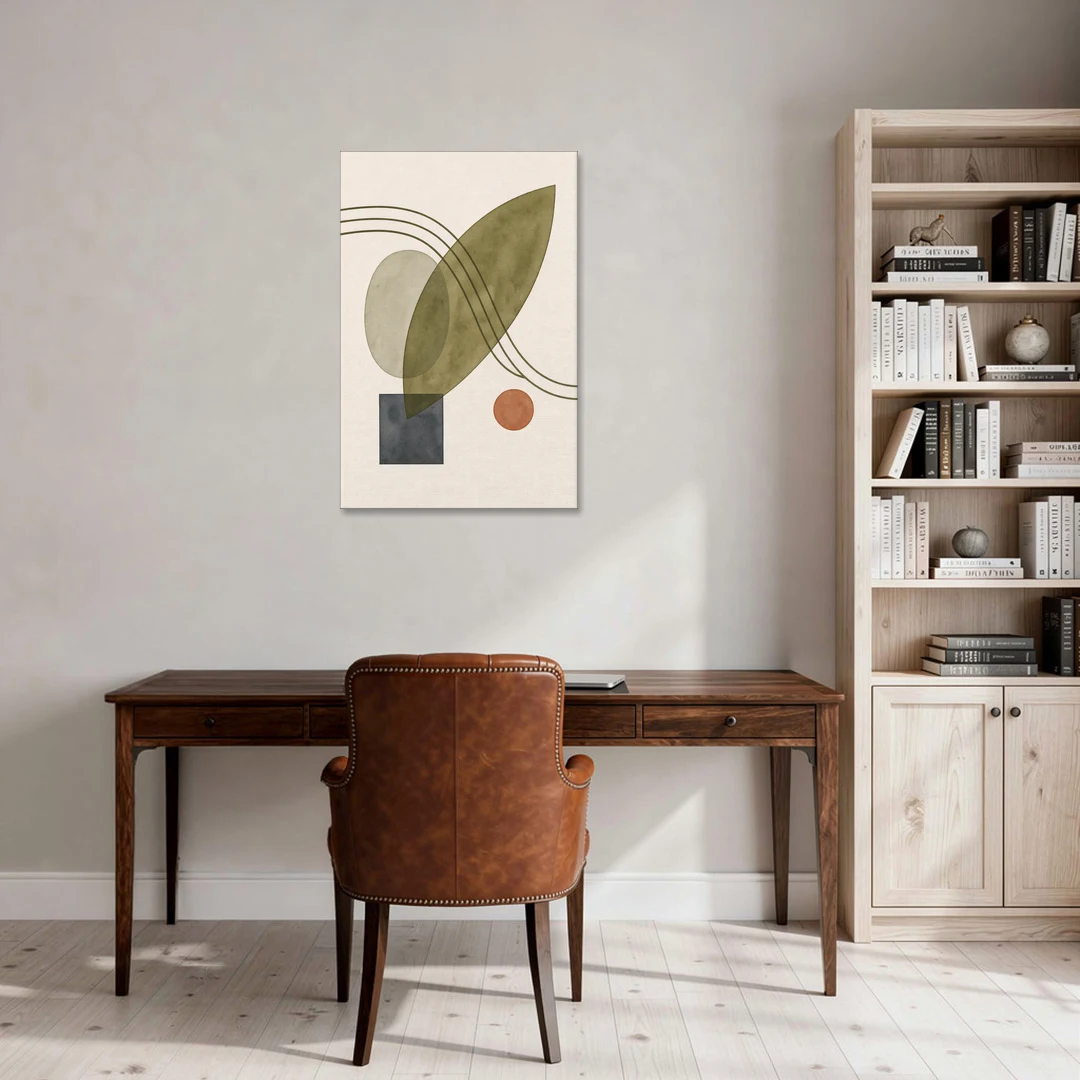 Mid Century Abstract Art with Leaning Olive Leaf - Canvas Wall Art - Office - 24x36
