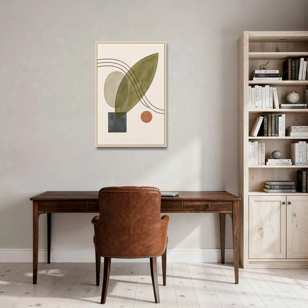 Mid Century Abstract Art with Leaning Olive Leaf - Oak Framed Canvas Wall Art - Office - 24x36