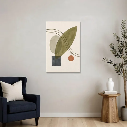 Mid Century Abstract Art with Leaning Olive Leaf - Canvas Wall Art - Sofa - 24x36