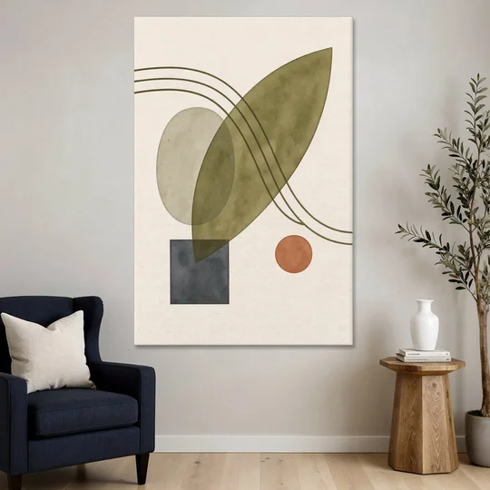 Mid Century Abstract Art with Leaning Olive Leaf - Canvas Wall Art - Sofa - 40x60