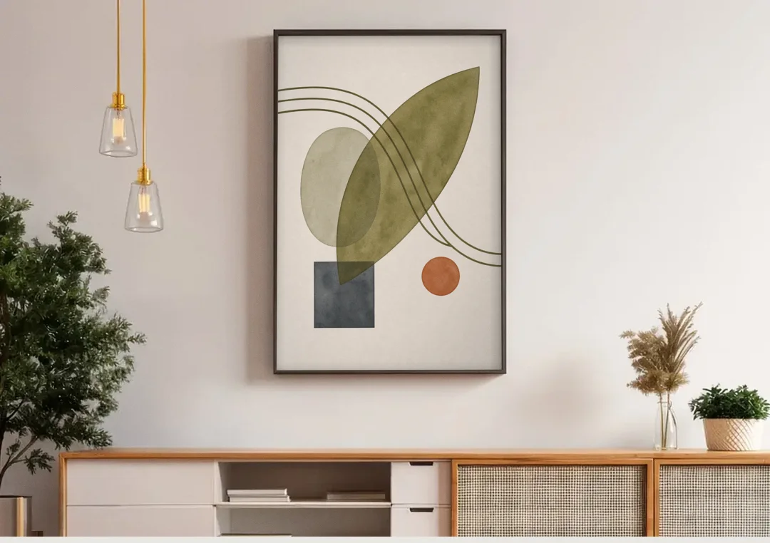 Mid Century Abstract Art with Leaning Olive Leaf canvas wall art above a wooden sideboard under pendant lights