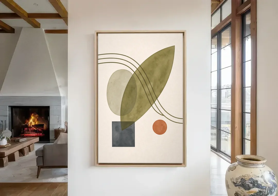 Mid Century Abstract Art with Leaning Olive Leaf canvas wall art in a living room with a fireplace