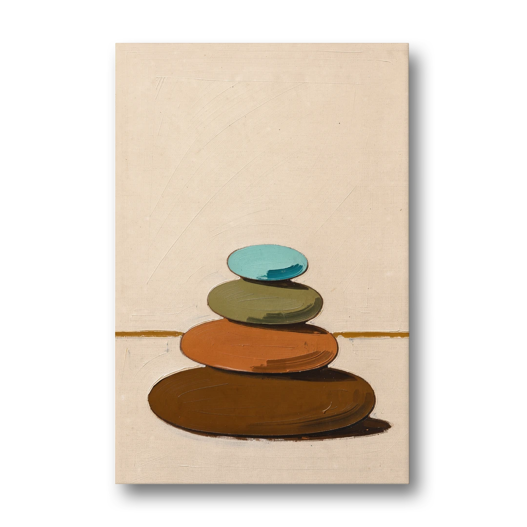 Mid Century Abstract Painting of a Leaning Pebble Cairn - Canvas Wall Art - Front