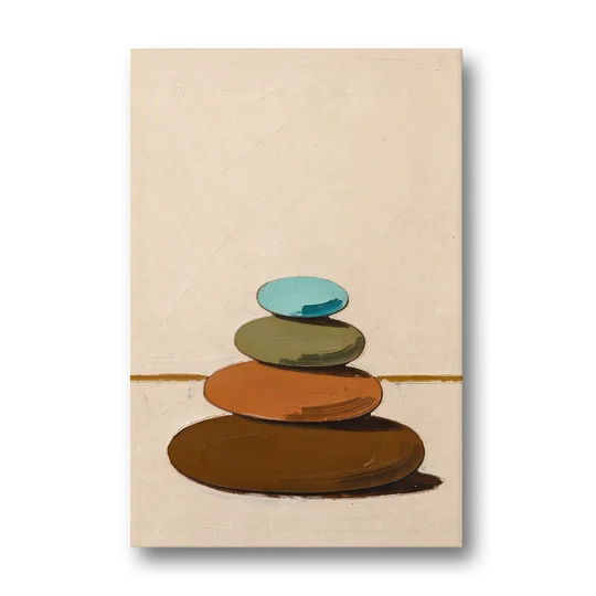 Mid Century Abstract Painting of a Leaning Pebble Cairn - Canvas Wall Art - Front