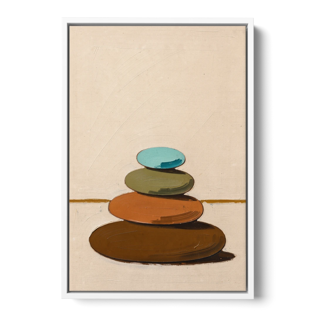 Mid Century Abstract Painting of a Leaning Pebble Cairn - White Framed Canvas Wall Art - Front