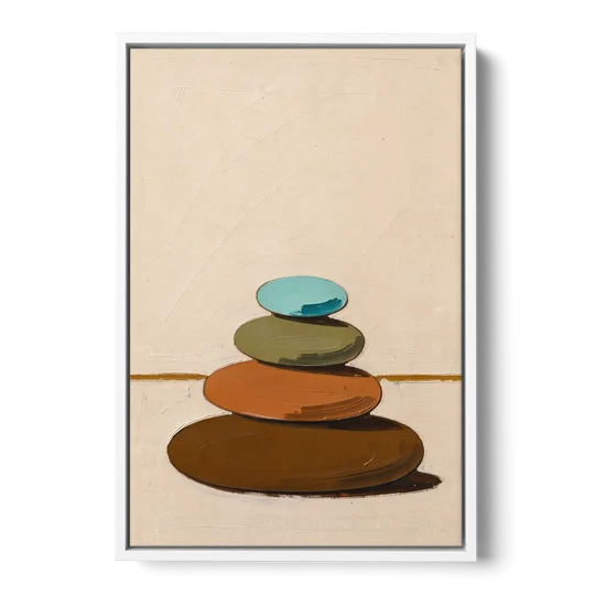 Mid Century Abstract Painting of a Leaning Pebble Cairn - White Framed Canvas Wall Art - Front