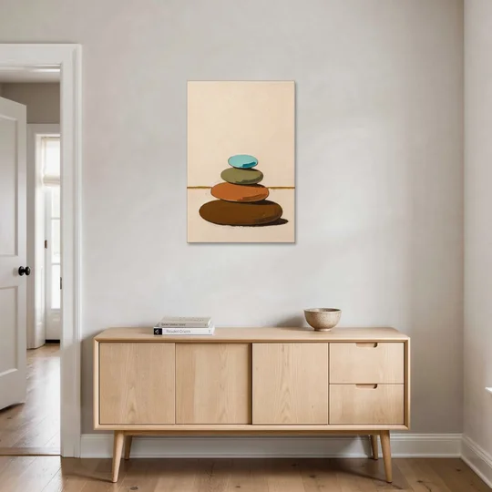 Mid Century Abstract Painting of a Leaning Pebble Cairn - Canvas Wall Art - Coffee Table - 24x36