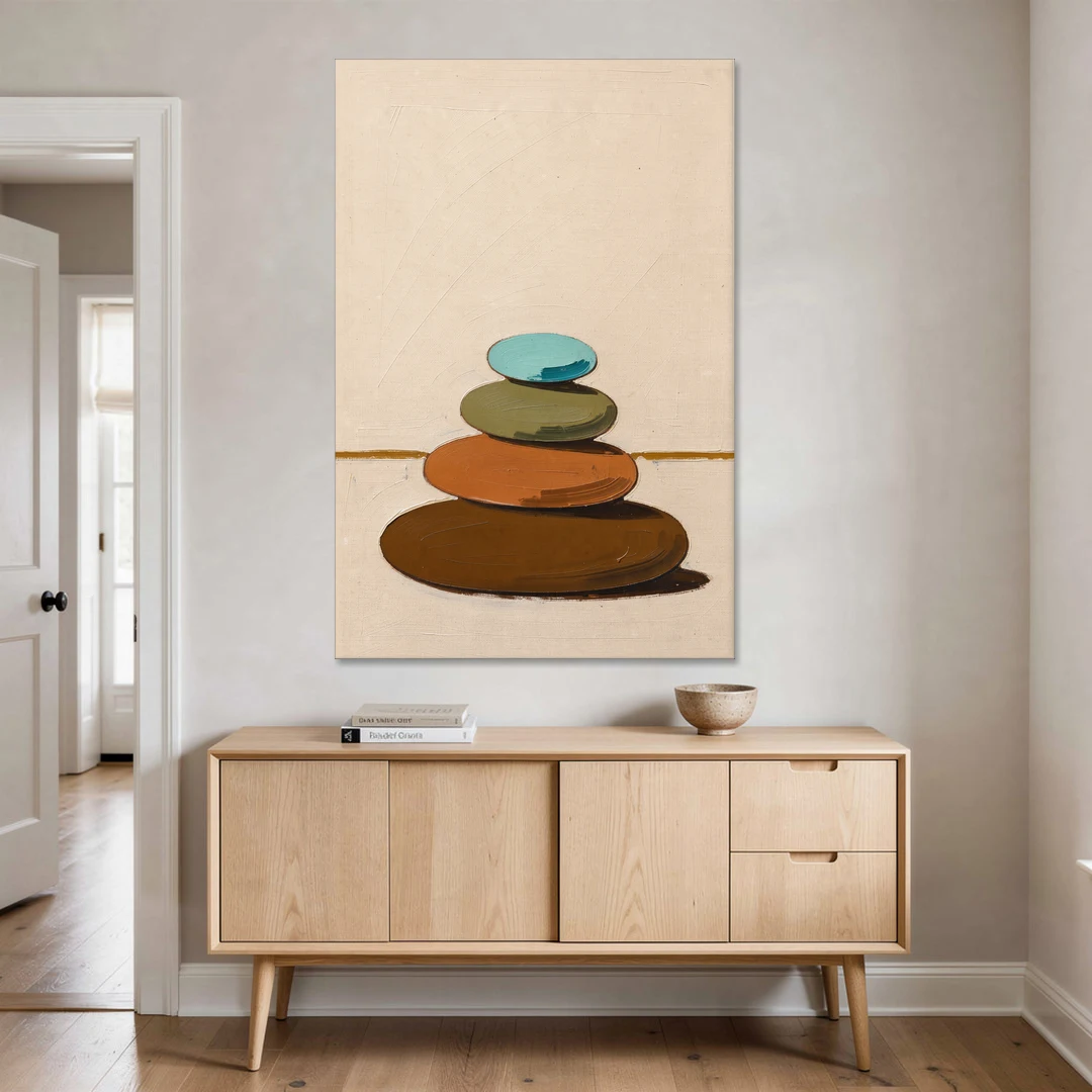 Mid Century Abstract Painting of a Leaning Pebble Cairn - Canvas Wall Art - Coffee Table - 40x60