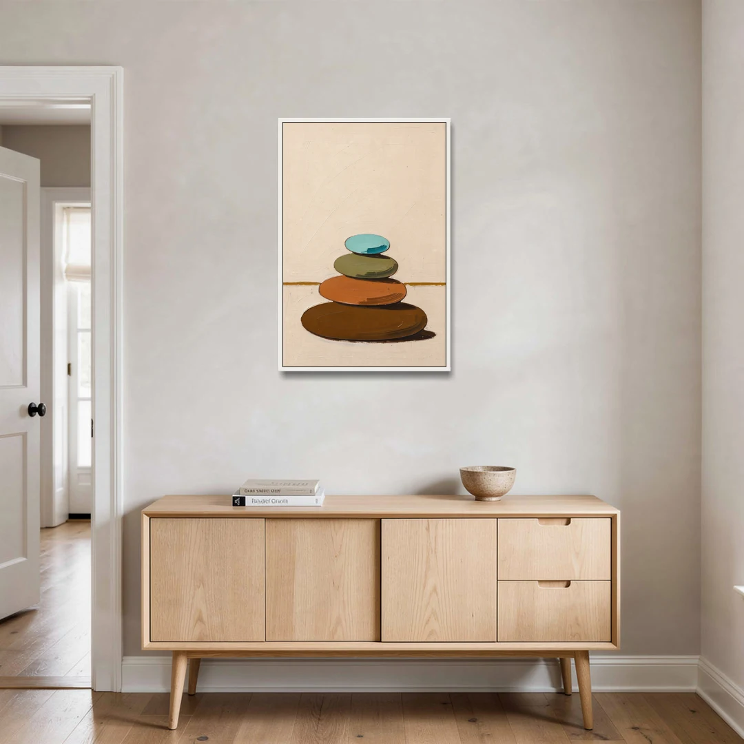Mid Century Abstract Painting of a Leaning Pebble Cairn - White Framed Canvas Wall Art - Coffee Table - 24x36