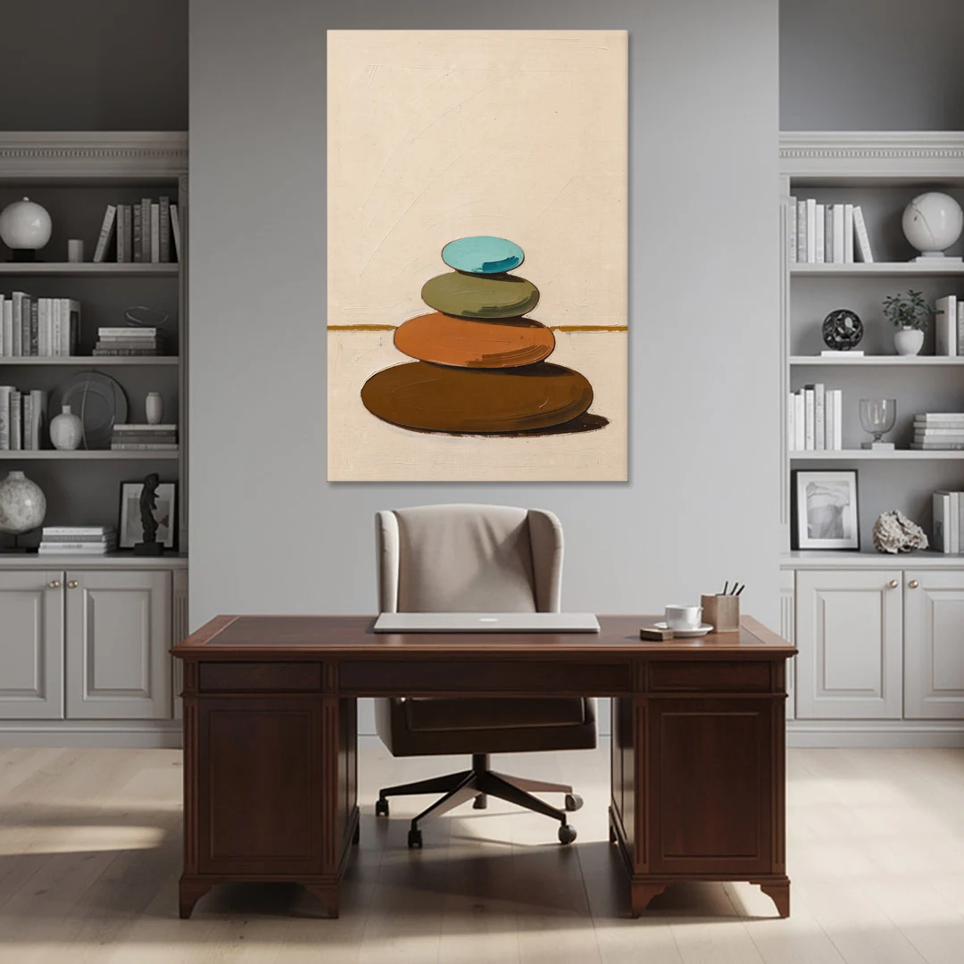 Mid Century Abstract Painting of a Leaning Pebble Cairn - Canvas Wall Art - Office - 40x60