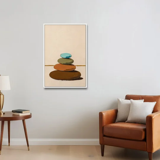 Mid Century Abstract Painting of a Leaning Pebble Cairn - White Framed Canvas Wall Art - Sofa - 24x36