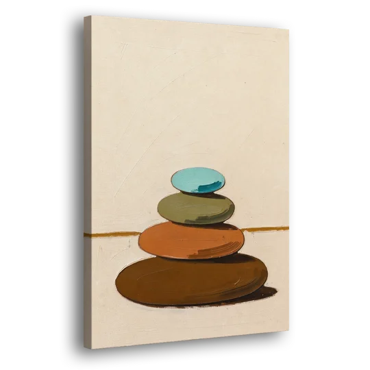 Mid Century Abstract Painting of a Leaning Pebble Cairn - Canvas Wall Art - Side
