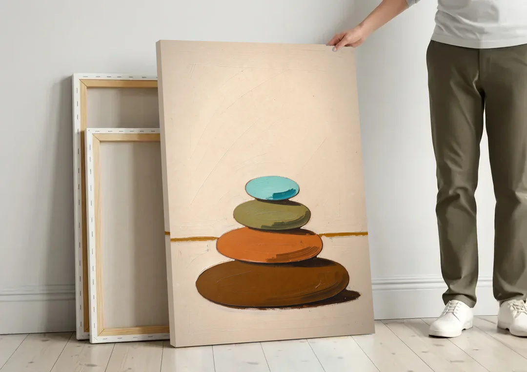 Mid Century Abstract Painting of a Leaning Pebble Cairn canvas wall art leaning against a wall next to blank canvases
