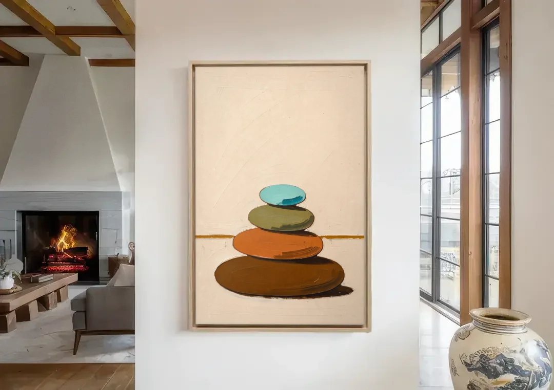 Mid Century Abstract Painting of a Leaning Pebble Cairn canvas wall art in a living room with a fireplace