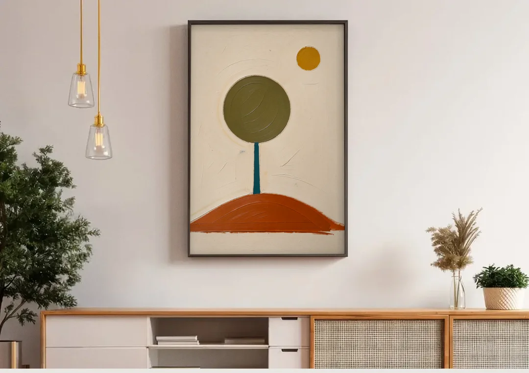 Mid Century Abstract Wall Art with Olive Circle Tree canvas wall art above a wooden sideboard under pendant lights