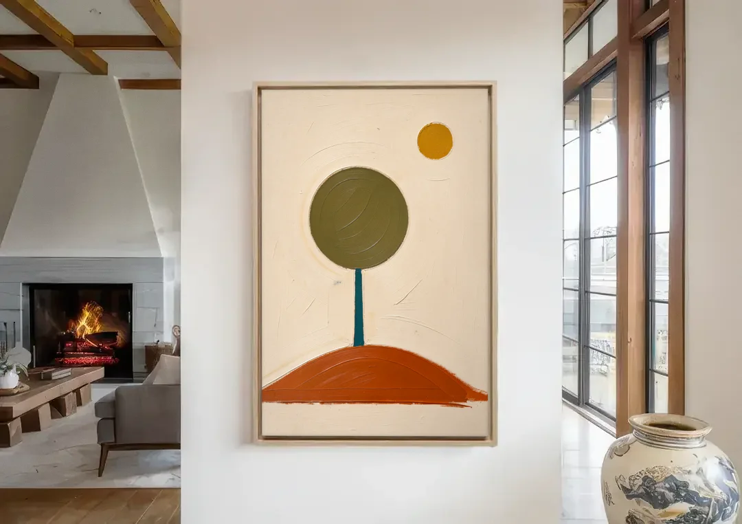 Mid Century Abstract Wall Art with Olive Circle Tree canvas wall art in a living room with a fireplace