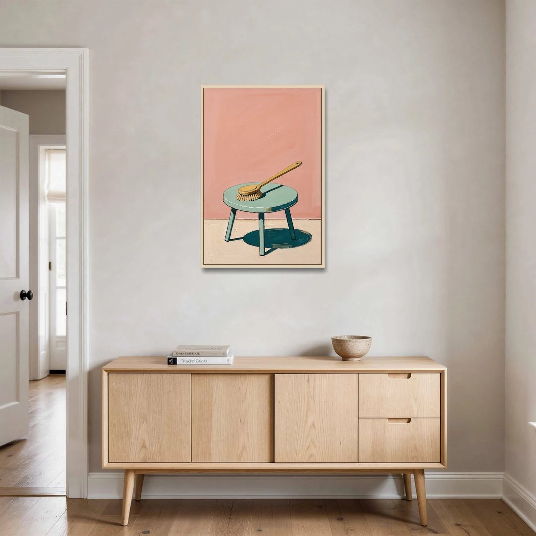 Mid Century Bathroom Wall Art of a Bath Brush - Oak Framed Canvas Wall Art - Coffee Table - 24x36