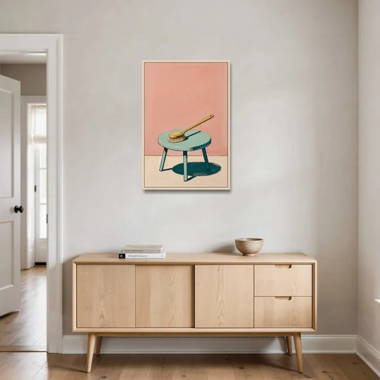 Mid Century Bathroom Wall Art of a Bath Brush - Oak Framed Canvas Wall Art - Coffee Table - 24x36