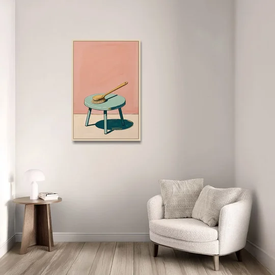 Mid Century Bathroom Wall Art of a Bath Brush - Oak Framed Canvas Wall Art - Sofa - 24x36