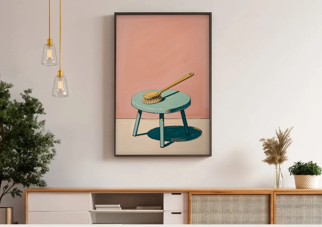 Mid Century Bathroom Wall Art of a Bath Brush canvas wall art above a wooden sideboard under pendant lights