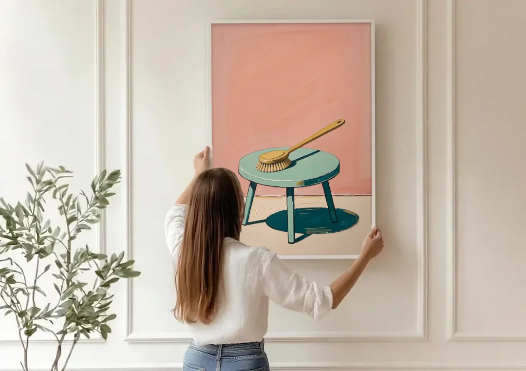 Mid Century Bathroom Wall Art of a Bath Brush canvas wall art being hung on a paneled wall