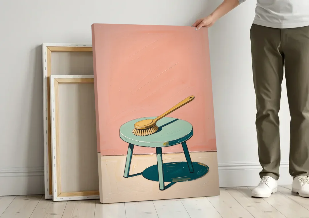 Mid Century Bathroom Wall Art of a Bath Brush canvas wall art leaning against a wall next to blank canvases