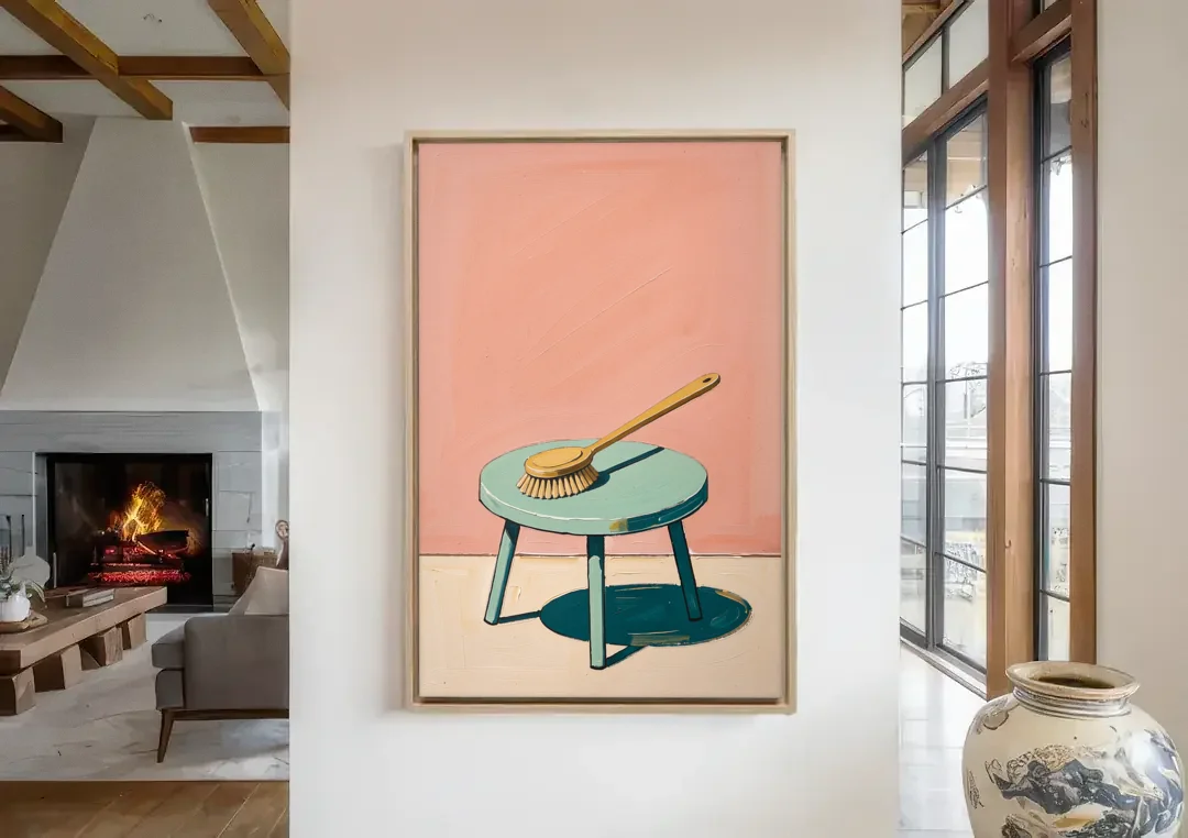 Mid Century Bathroom Wall Art of a Bath Brush canvas wall art in a living room with a fireplace