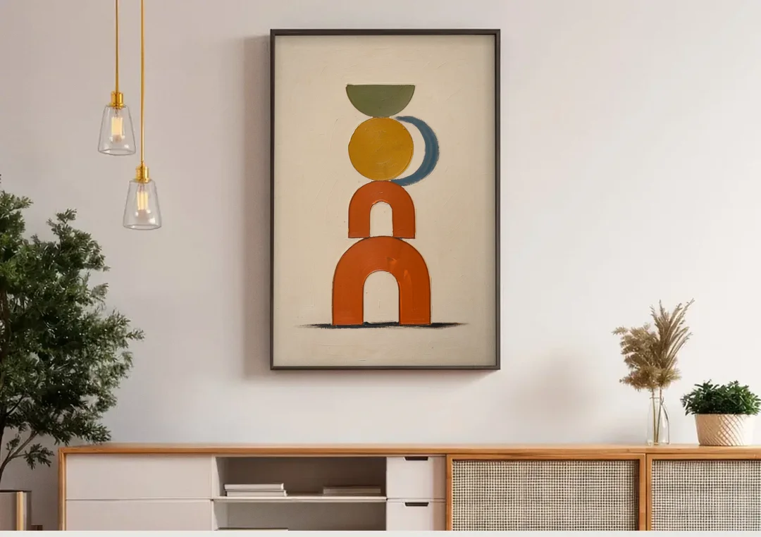 Mid Century Boho Wall Art of Stacked Clay Arches canvas wall art above a wooden sideboard under pendant lights