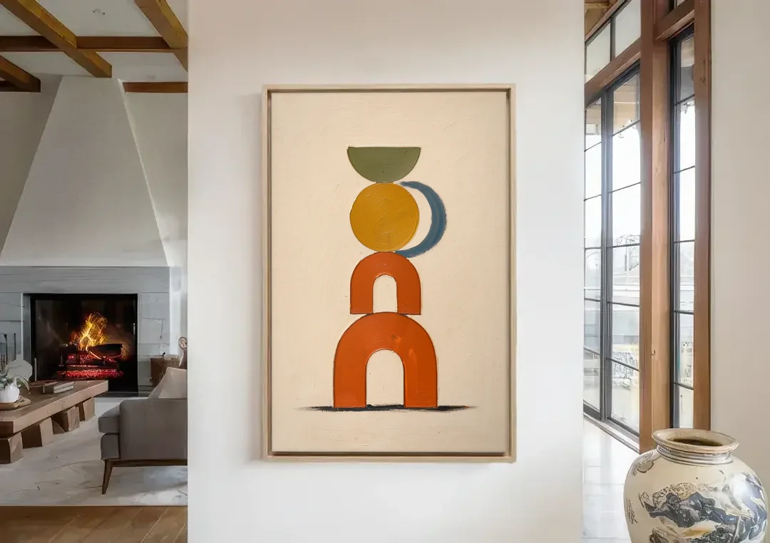 Mid Century Boho Wall Art of Stacked Clay Arches canvas wall art in a living room with a fireplace