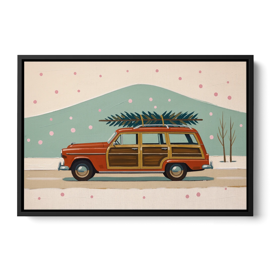 Mid Century Christmas Decor with a Woody Wagon - Black Framed Canvas Wall Art - Front