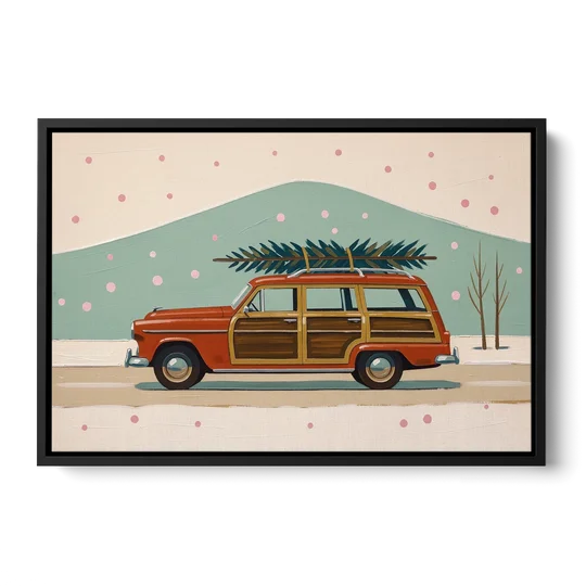 Mid Century Christmas Decor with a Woody Wagon - Black Framed Canvas Wall Art - Front