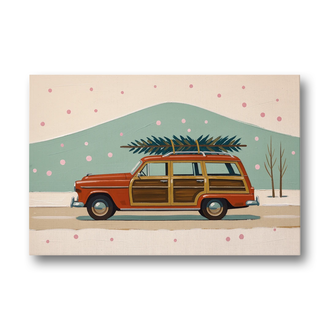Mid Century Christmas Decor with a Woody Wagon - Canvas Wall Art - Front