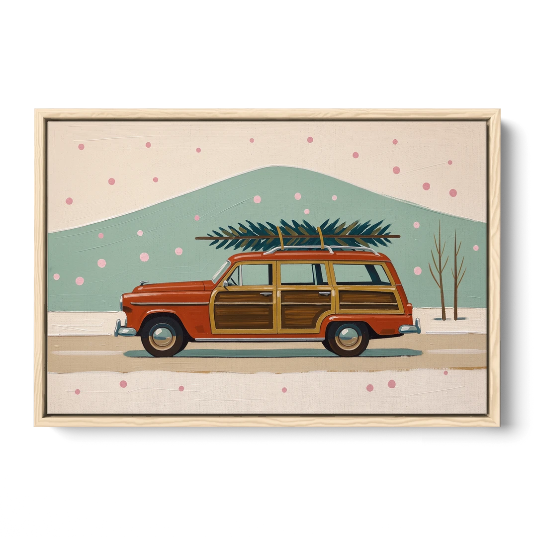 Mid Century Christmas Decor with a Woody Wagon - Oak Framed Canvas Wall Art - Front